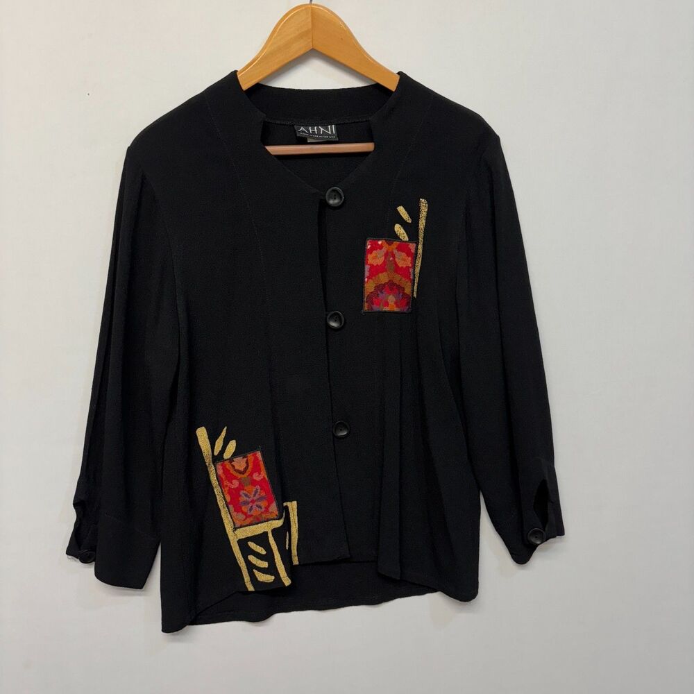 AHNI Women Blouse Top Button Shirt Size 0 Embroidered Floral Artsy D055 -1